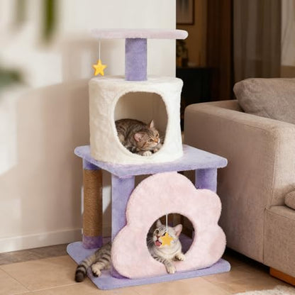 PETSITE 31.5-inch Cute Cat Tree, Multi-Level Small Cat Tree with Scratching Posts, Condo, Star-Shaped Dangling Toys, and Top Perch, Star, Moon & Cloud Elements Mixed, Ideal for Indoor Cats (Purple) - color: Purple