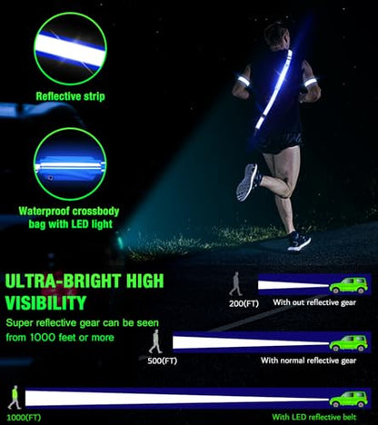 Ylzzrs LED Belt Reflective Sash for Walking at Night,High Visibility Adjustable Night Running Safety Gear,Light Up Running Belt Reflective Gear with Phone Bag/Armband for Runners Walkers Men Women - color: Blue