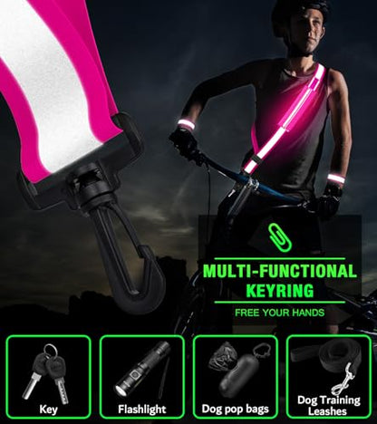 Ylzzrs LED Belt Reflective Sash for Walking at Night,High Visibility Adjustable Night Running Safety Gear,Light Up Running Belt Reflective Gear with Phone Bag/Armband for Runners Walkers Men Women - color: Pink