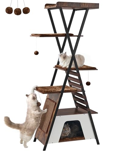 FourFurPets 72.4" Modern Cat Tower for Indoor Cats - Multi-Level Condo With Caves, Tall Tree With Scratching Board, Wooden Tower With Large Perch, Removable Pads, Rustic Brown - color: Rustic Brown