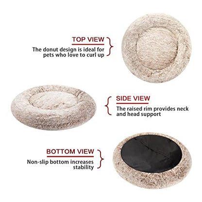 Bedfolks Calming Donut Dog Bed, 36 Inches Round Fluffy for Large Dogs, Anti-Anxiety Plush, Machine Washable (Brown, Large) - color: Brown, size: 36.0"L x 36.0"W x 8.0"Th