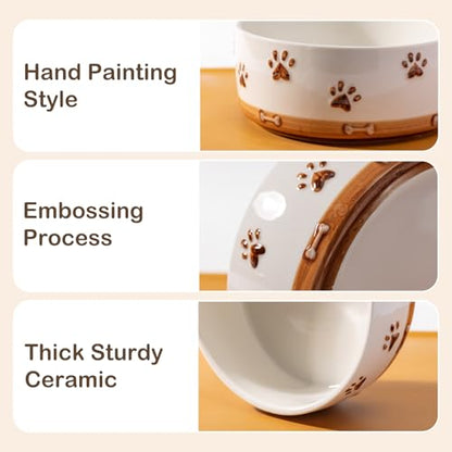 Ceramic Dog Bowls, 3.5 Cups Dog Food and Water Bowl Set for Medium Dogs with Wooden Stand and Non-Slip Silicone Food Mat, Weighted Embossed Cute Puppy Bowls Feeding Dishes Set of 2, 32 OZ - size: 4 .0 Cups
