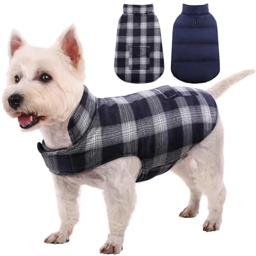 Kuoser Dog Winter Coat, Reversible Dog Jacket, Warm Doggie Coat British Style Puppy Cold Weather Vest, Windproof Pet Clothes Vest for Small Dogs, Blue S - color: Blue, size: S (Chest Girth: 13.8-17.3'')