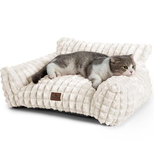 Cat Beds for Indoor Cats - Cute Cat Couch Bed Fluffy Pet Sofa with Faux Rabbit Fur Washable Cover, Fuzzy Pet Couch in 3D Diamond Pattern, Suppportive Large & Small Cats Sofa, 24inch Off White - color: Off White, size: Small: 24"L x 18"W x 10"Th