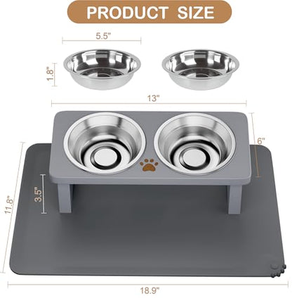 Elevated Cat Bowls, 15° Tilted Raised Cat Food Bowl with Solid Wood Stand & Stainless Steel Dishes, Cat Feeding Station with Silicone Mat, Helps Reduce Vomiting for Cats & Small Dogs(Slate Grey) - color: Gray