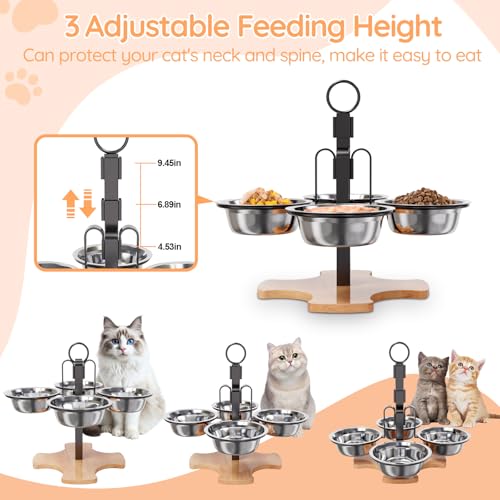 Adjustable Elevated Cat Bowls with Stand, 3 Height Raised Food & Water Bowl Set for Indoor Cats, 4 Stainless Steel Tilted Pet Dishes for Small Dogs, Non-Slip Feeding Station with Anti-Spill Design - size: 4 cat bowls