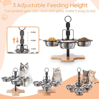Adjustable Elevated Cat Bowls with Stand, 3 Height Raised Food & Water Bowl Set for Indoor Cats, 4 Stainless Steel Tilted Pet Dishes for Small Dogs, Non-Slip Feeding Station with Anti-Spill Design - size: 4 cat bowls