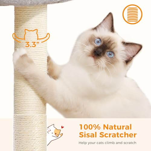 PETEPELA 19" Scratching Post, Cat Tree Tower, 100% Natural Sisal Scratcher With Large Plush Top Perch Bed, Cozy Platform for Kittens and Cats - color: Classic Grey
