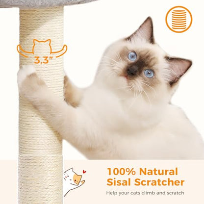PETEPELA 19" Scratching Post, Cat Tree Tower, 100% Natural Sisal Scratcher With Large Plush Top Perch Bed, Cozy Platform for Kittens and Cats - color: Classic Grey