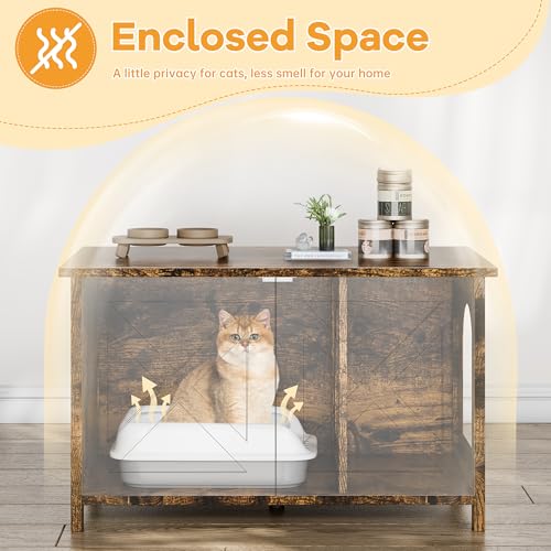 Shintenchi Cat Litter Box Enclosure, Litter Box Furniture Hidden with Removable Divider, Cat House with End Table, Brown, 31.5 inch - color: Brown