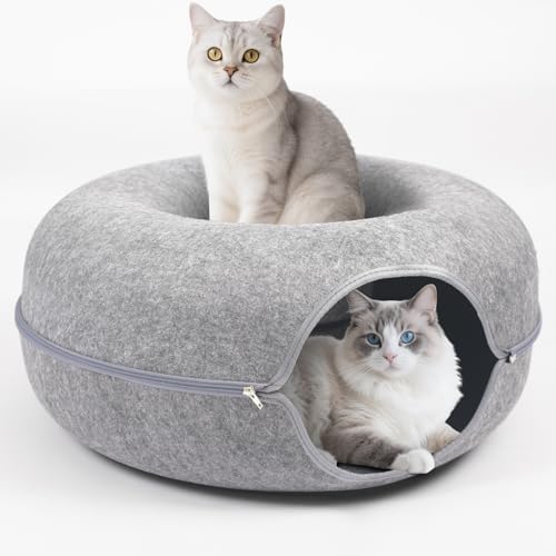 Cat Caves for Indoor Cats, Large Cat Tunnel for Multiple & Large Cats, Scratch Detachable Peekaboo Cat Cave Bed, Kitten Donut Kitty Hideaway Up to 45 Lbs - color: Light Grey