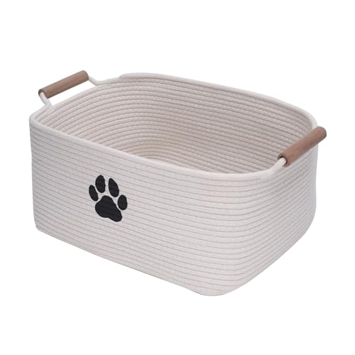 Geyecete dog toy basket Cotton Rope dog toy box with wood handle pet toy bin Blanket Storage Basket Decorative Clothes Hamper Basket Large Baskets - color: Beige(Wood Handle)