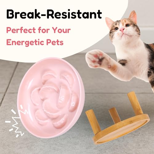 Slow Feeder Bowl, 6.3″ Elevated Cat Bowl with Stand, Melamine Wide Shallow Food Bowl, Whisker-Friendly Raised Plate, Wet Food Feeder for Slow Eating (Pink) - color: Pink, size: 1 Pack with Stand - 6.3''W x 1.5''H