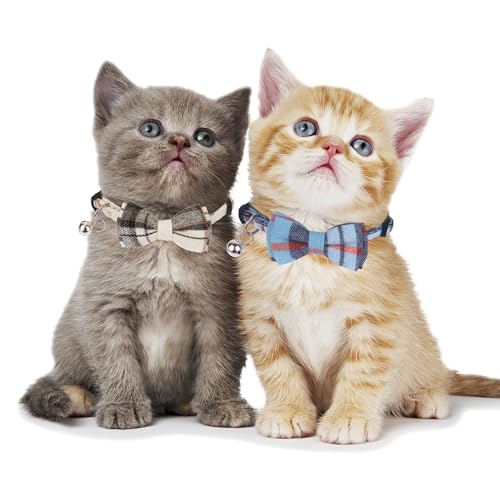 ADOGGYGO Plaid Cat Collars Breakaway with Bow Bell, Removable Bowtie, 2 Pack Beige Blue Plaid Kitten Bow Collar for Cats Kittens - color: Beige&Blue-1