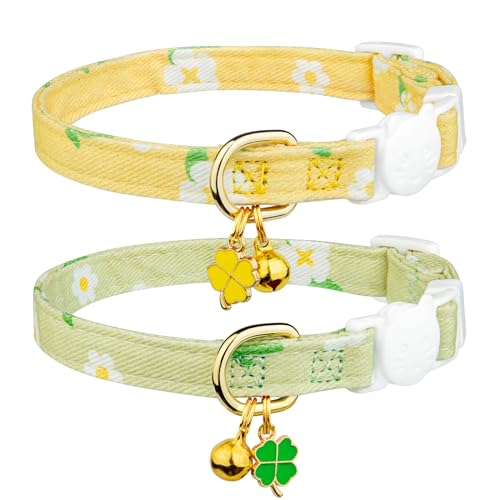 2 Pack Cotton Breakaway Cat Collar Green and Yellow Flowers Pendant Cute Kitten Cat Collar with Bell - color: Green&Yellow