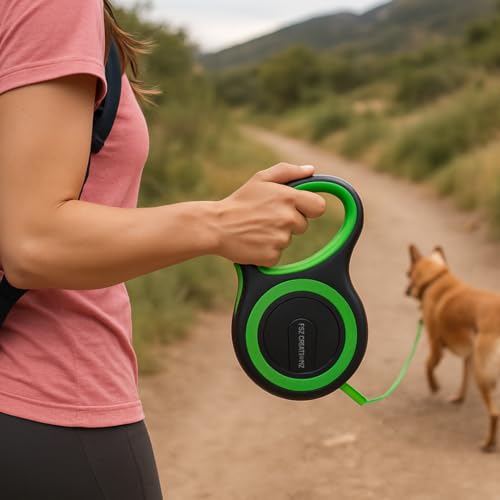 Retractable Dog Leash – 5M Strong Non Chew Nylon Lead with 360° Swivel Hook, One-Touch Lock, Ergonomic Anti-Slip Handle – Green on Black Neon Pet Leash