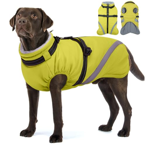 BRKURLEG Dog Winter Jackets for Large Dogs, Dog Coat with Harness Built in, Dogs Snowsuits with Zipper, Waterproof Windproof Pet Puffer Jacket Fleece Vest for Labrador, German Shepherd, Green XXXL - color: Green, size: Xxx-large