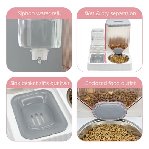 Fhiny Gravity Cat Feeder & Water Dispenser, 2 in 1 Automatic Puppy Waterer Removable Stainless Steel Food Bowls Set Self Feeding Pet Food Storage for Cat Kitten Puppy Easy Clean (Grey) - color: Grey-Metal Bowl