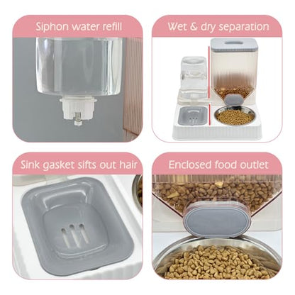 Fhiny Gravity Cat Feeder & Water Dispenser, 2 in 1 Automatic Puppy Waterer Removable Stainless Steel Food Bowls Set Self Feeding Pet Food Storage for Cat Kitten Puppy Easy Clean (Grey) - color: Grey-Metal Bowl