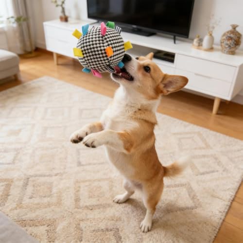 Plush Dog Ball Toy with Bell & Colorful Straps, 6.3 Inch Soft Interactive Fetch Toy, Lightweight Chew Toy for Small & Medium Dogs, Puppy Stuffed Play Ball (Black) - color: Black