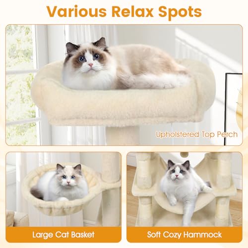 PETSITE 66 Inches Tall Cat Tree, Multi-Level Cat Tower with Sisal Scratching Posts, Side Basket, 2 Comfy Condos, Hammock, Soft Padded Top Perch, and Hanging Balls, Ideal for Indoor Cats (Beige) - color: Beige
