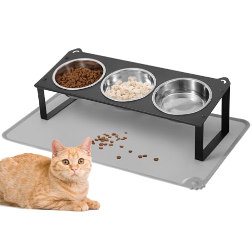 Elevated Cat Bowls with Food Mat, 10°Tilted Non-Slip Raised Cat Food Water Bowls Set, 3 Thick Stainless Steel Pets Dishes with Cute Metal Feeding Stand for Indoor Kitten Puppy, Anti-Vomiting - color: Black-3Bowls