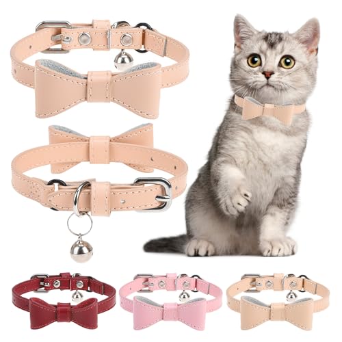 Leather Cat Collar with Bells, Cute Cat Bowtie Collar for Boy Girl Cats, Personalized Bow Tie Kitten Collars with Adjustable Safe Buckle for Kitty Small Big Cats Size 8-12 Inch, Nude - color: FleshColor(Bowknot), size: 8"-11" Cats / Mini Dogs(Pack of 1)