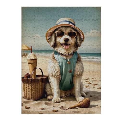 Havanese Dog at The Beach 500-Piece Wooden Jigsaw Puzzle, Dog on Beach Scene, Brain-Training Fun, Relaxing Indoor Puzzle