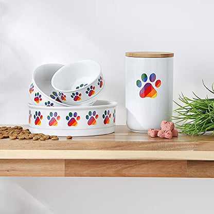 Bone Dry Ceramic Food Bowls, Non-Slip & Dishwasher Safe, Small Set, 4.25x2, Rainbow Paw, 2 Count - color: Rainbow Paw, size: Small Set, 4.25x2"