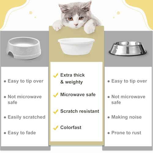 2PCS Cat Bowls Ceramic Replacement Bowl 360ml Kitten Food and Water Bowl for Indoor Cats Puppy Dishes Small Pet Feeding Dish for Rabbit & Guinea Pig Dishwasher & Microwaveable Safe(White)
