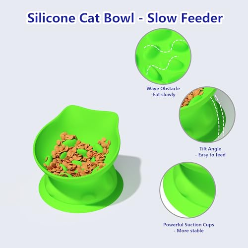 Slow Feed Cat Bowl, Elevated Cat Food Dish with Tilted Design, Dual-Use for Dry and Wet Food, Anti-Vomit, Anti-Choking, Easy to Clean - color: Green, size: Medium