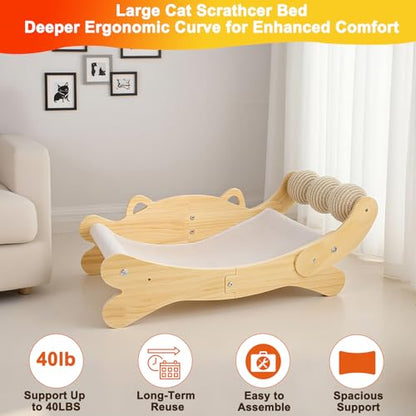 Cat Scratcher Bed, Heavy Duty Sisal Cat Scratching Post with Hammock for Indoor Cats, Natural Wood Cat Lounge for Sleeping & Scratching, Stable Platform for Large Cats, Easy Assembly Cat Furniture