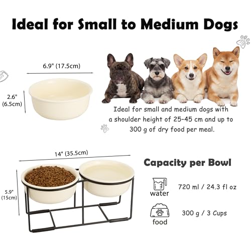 Ceramic Elevated Dog Bowl Set - Raised Food and Water Bowls with Metal Stand - Double Pet Dishes for Small and Medium Dogs - 3 Cups - 24.3 fl oz - Beige - color: Beige, size: L-400ml