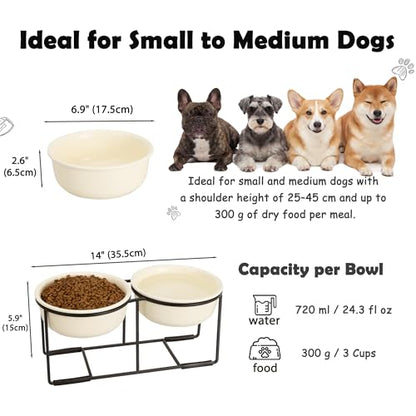 Ceramic Elevated Dog Bowl Set - Raised Food and Water Bowls with Metal Stand - Double Pet Dishes for Small and Medium Dogs - 3 Cups - 24.3 fl oz - Beige - color: Beige, size: L-400ml