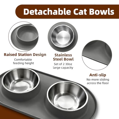 Double Cat Food Bowls with Silicone Base, Stainless Steel Dishes, Non-Slip Feeding & Water Station, Easy-Clean Pet Bowls for Cats, 1.75-Cup Capacity Each, Grey