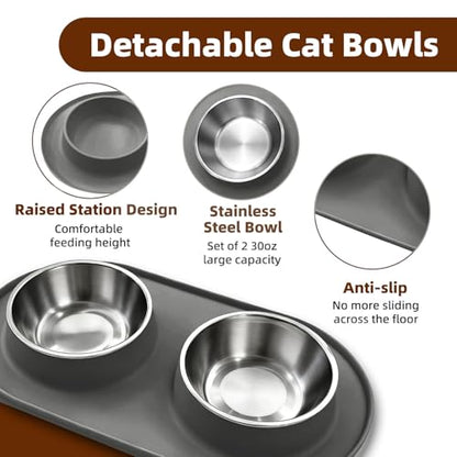 Double Cat Food Bowls with Silicone Base, Stainless Steel Dishes, Non-Slip Feeding & Water Station, Easy-Clean Pet Bowls for Cats, 1.75-Cup Capacity Each, Grey