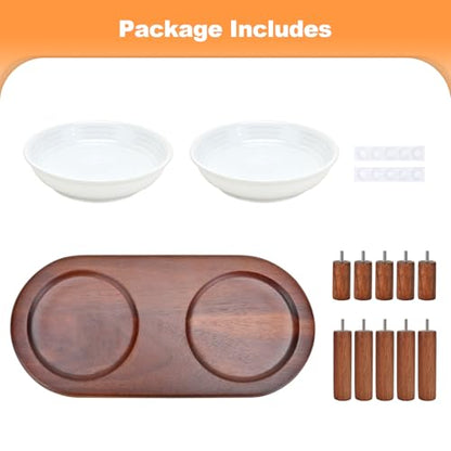 SPUNKYJUNKY Shallow Elevated Cat Bowl with Acacia Wood Stand Wide Raised Ceramic Cat Dishes Whisker Friendly Pet Food and Water Plates (Striped Pattern, White) - color: White