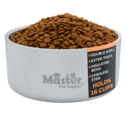 Master Pet Supply Stainless Steel Dog Bowls - 128 oz, Heavy Duty - Stainless Steel, Double Wall Extra-Thick Insulated, Non-Slip Pet Water Bowl for Dogs, Cats & Pets, Anti Rust Metal, Dish Washer Safe - color: Stainless Steel, size: 16 Cups (128 oz)
