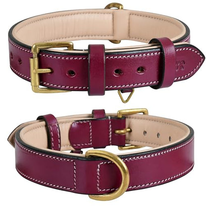Genuine Leather Dog Collar – 1" Wide Full Grain, Padded, Heavy Duty with Brass Buckle for Small, Medium, Large, XL Dogs (Medium (Fit Neck Size 14.5"-18.5"), Dark Pink) - color: Dark Pink, size: M (Fit Neck Size 14.5"-18.5")