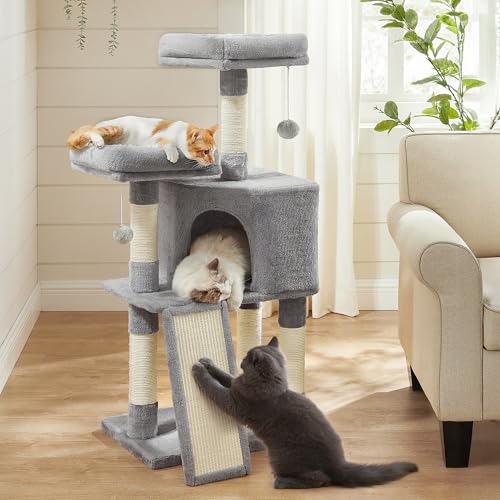 Feandrea Cat Tree, 45.3-Inch Cat Tower, Plush Condo with Scratching Post, Ramp, Perch, Spacious Cave, for Small Space, Light Gray UPCT141W01 - color: Light Gray