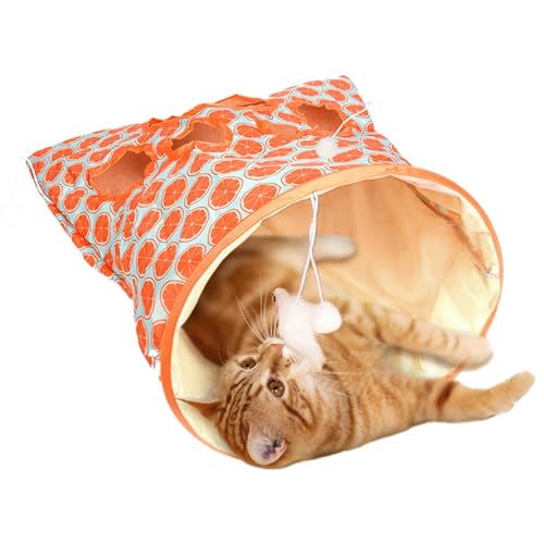 SYCOOVEN Cat Tunnel Bag for Indoor Cats, Pet Collapsible Tunnel Crinkle Sack Bag with 1 Little Mouse & Toy Ball, Crinkle Paper Interactive Cat Toys Hide and Seek(Orange Pattern) - color: orange pattern