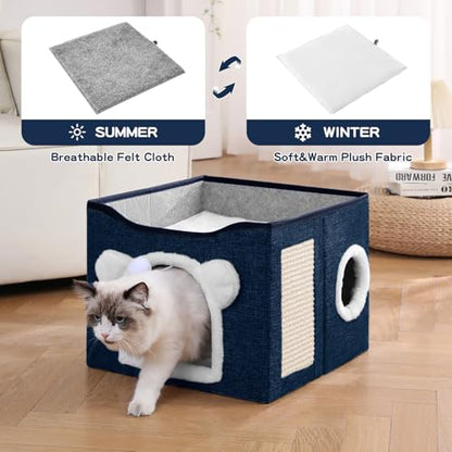 Cat House for Indoor Cats, Large Cat Bed Cave with Scratch Pad and Fluffy Ball, Foldable Cat Hideaway Condo, Kitten Bed, 16x16x13inch (Blue, Large) - color: Blue