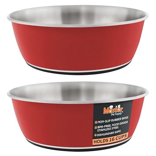Master Pet Supply Stainless Steel Dog Bowls Set of 2 (128 Oz Each) with Non-Slip Rubber Base - Crimson Flame - Basic Dog Food Bowl Water & Food Bowls for Small Medium Large Dogs & Cats, Metal Dish - color: Crimson Flame, size: 16 Cups (128 oz) 2 Pack