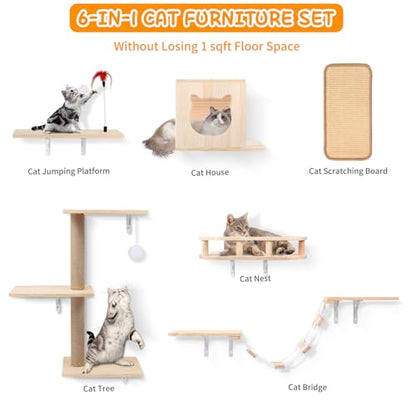 Cat Wall Shelves, Solid Wooden Wall-Mounted Cat Furniture, Set of 6 Cat Climbing Shelves with House, Bed, Bridge, Tree, Steps and Scratcher - color: Solid Wood
