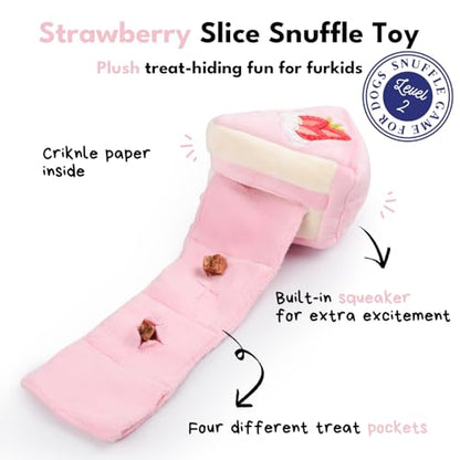 CHEWFFON Dog Birthday Toy - Interactive Strawberry Cake Snuffle Puzzle for Enrichment, Squeaky Crinkle Puppy Toy for Boredom & Mental Stimulation, Indoor Brain Game for Small Medium Dogs - style: Strawberry Cake Slice