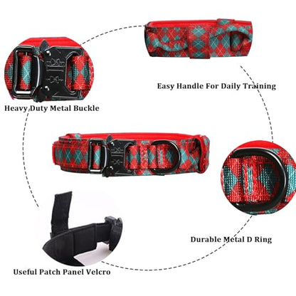Christmas Tactical Dog Collar Adjustable Nylon Dog Collar Metal Buckle with Handle for Dog Training (Christmas Green,S) - color: Christmas grid, size: Small (Pack of 1)