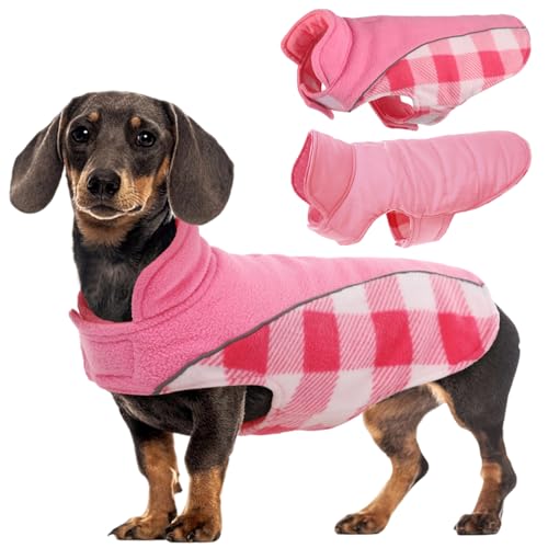 Kuoser Dog Winter Coat, Reversible Waterproof Dog Jacket with Reflective Strip, Warm Dogs Fleece Vest Adjustable Doggy Cold Weather Clothes Plaid Christmas Outfit Pet Apparel for Small Dogs, Pink XS - color: Pink, size: X-Small (Chest Girth: 9.4-13.8'' )