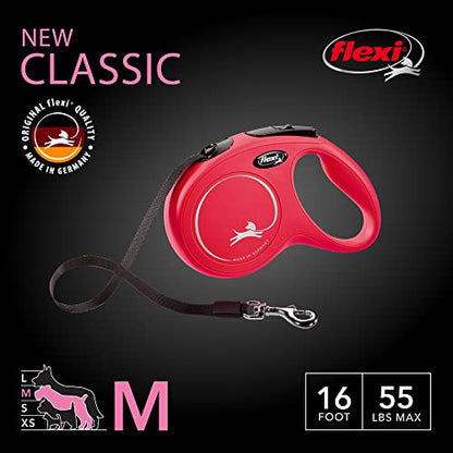 FLEXI New Classic Tape Retractable Dog Leash for Medium-Sized Dogs Upto 55 lbs. – 16 ft., Red | Tangle Free Pet Walking Leash with One-Handed Brake, Pause, Lock|German Quality Product - color: Red, size: Medium - 16 Feet (Tape)