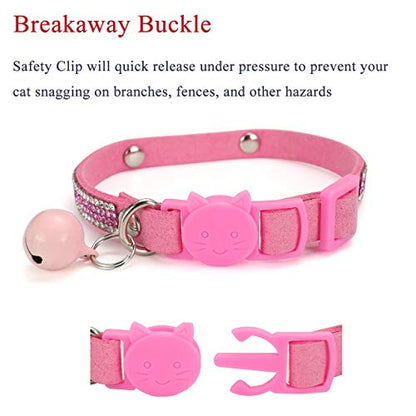 Mogoko Personalized Breakaway Cat Diamond Collar, Customized Bling Kitten Pet Collar with Engraved ID Name Plate and Bell（Pink） - color: Pink