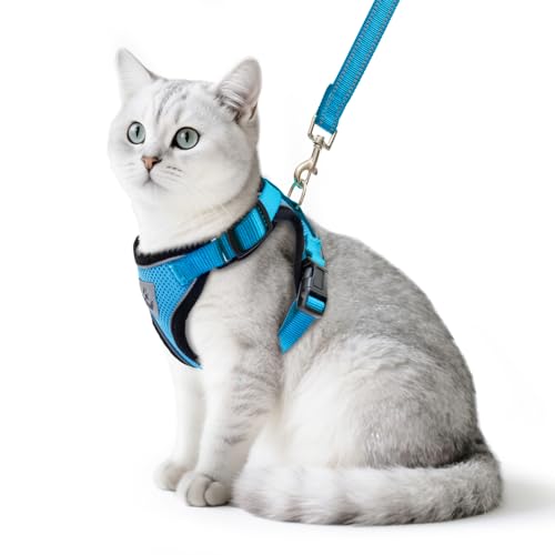 PUPTECK Cat Harness and Leash Set Escape Proof Reflective Cat Walking Harness Adjustable Soft Breathable Mesh Vest for Small Pets, Blue, S - color: Blue, size: S (NECK 9.5"-11", CHEST 13"-16")
